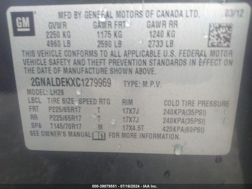 2012 Chevrolet Equinox 1Lt VIN: 2GNALDEKXC1279969 Lot: 39879551