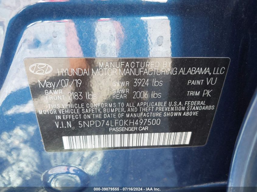 2019 Hyundai Elantra Se VIN: 5NPD74LF0KH497500 Lot: 39879555