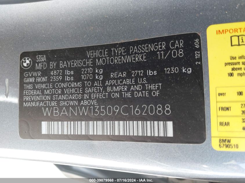 2009 BMW 535I VIN: WBANW13509C162088 Lot: 39879568
