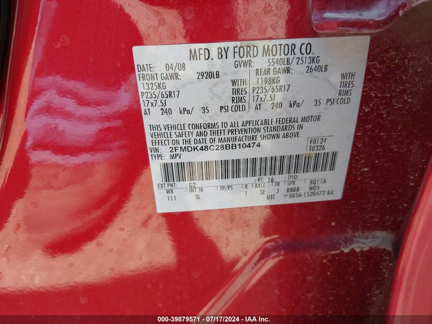 2008 Ford Edge Sel VIN: 2FMDK48C28BB10474 Lot: 39879571