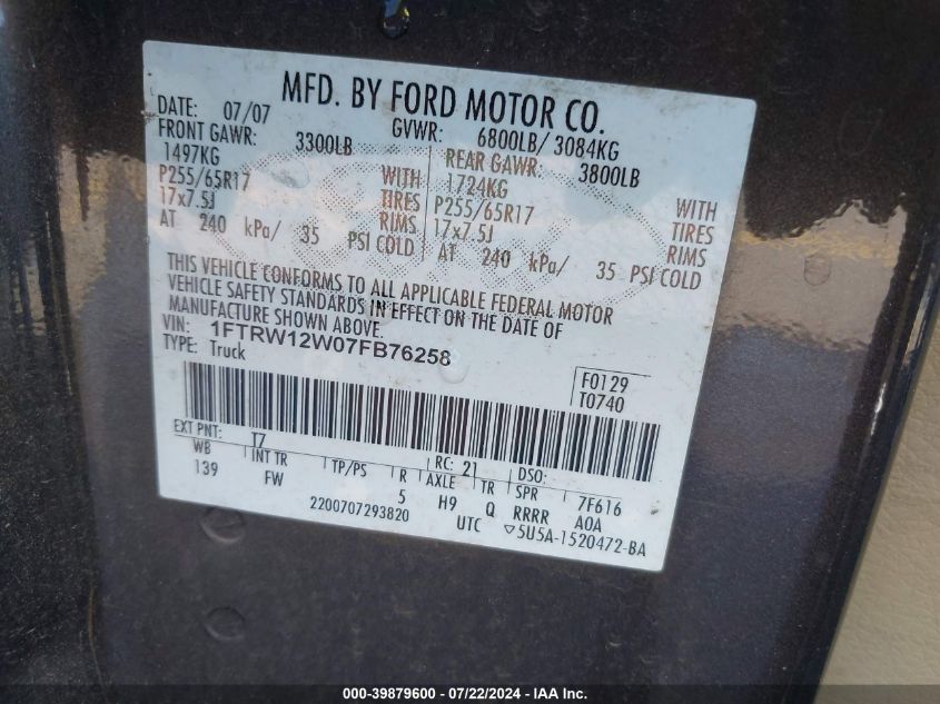 2007 Ford F-150 Xlt VIN: 1FTRW12W07FB76268 Lot: 39879600