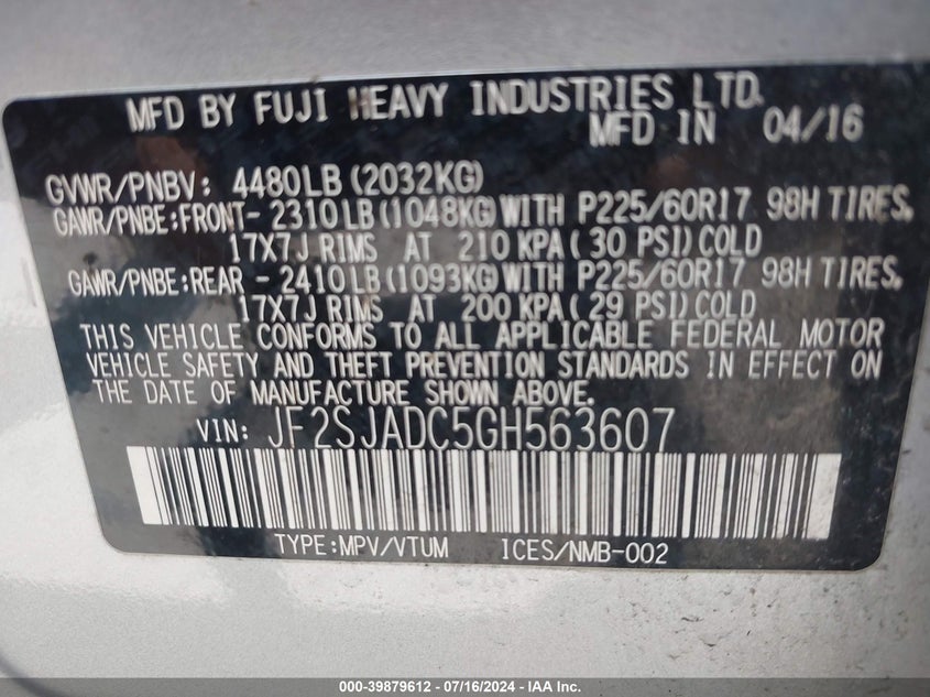 2016 Subaru Forester 2.5I Premium VIN: JF2SJADC5GH563607 Lot: 39879612