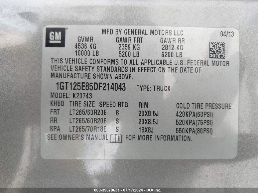 2013 GMC Sierra 2500Hd Denali VIN: 1GT125E85DF214043 Lot: 39879631