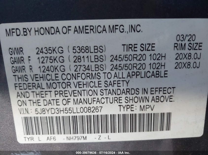 2020 Acura Mdx Technology Package VIN: 5J8YD3H55LL008267 Lot: 39879636