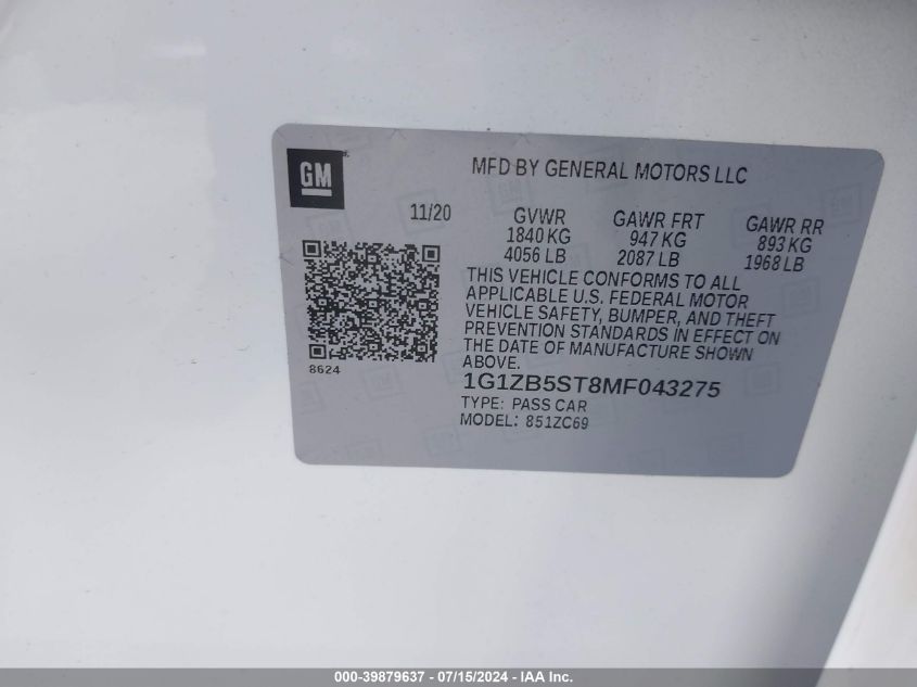 1G1ZB5ST8MF043275 | 2021 CHEVROLET MALIBU