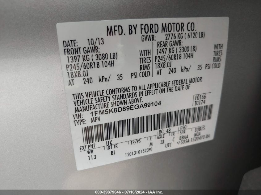 2014 Ford Explorer Xlt VIN: 1FM5K8D89EGA99104 Lot: 39879646