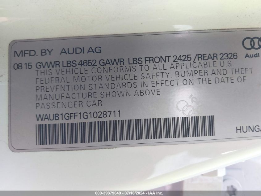 2016 Audi S3 Premium Plus VIN: WAUB1GFF1G1028711 Lot: 39879649