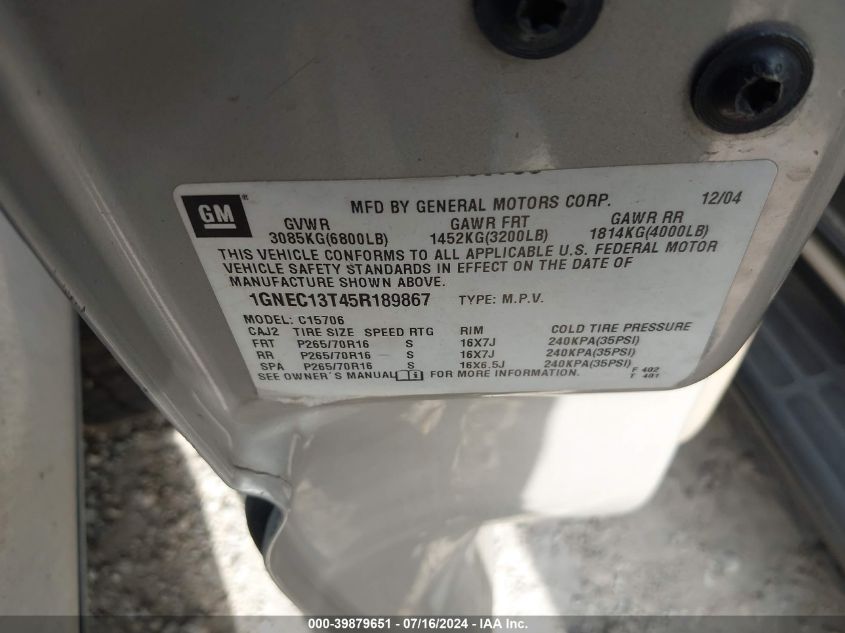 2005 Chevrolet Tahoe Ls VIN: 1GNEC13T45R189867 Lot: 39879651