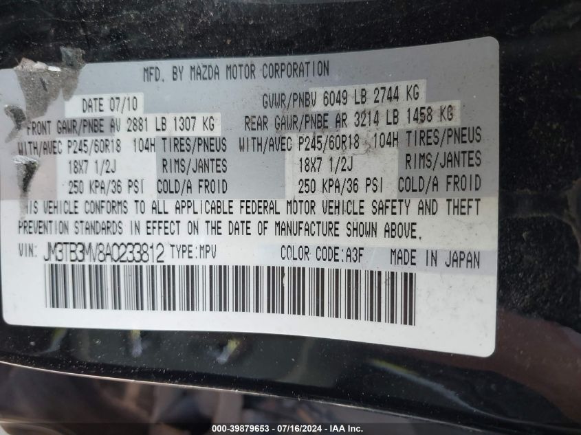 2010 Mazda Cx-9 Touring VIN: JM3TB3MV8A0233812 Lot: 39879653