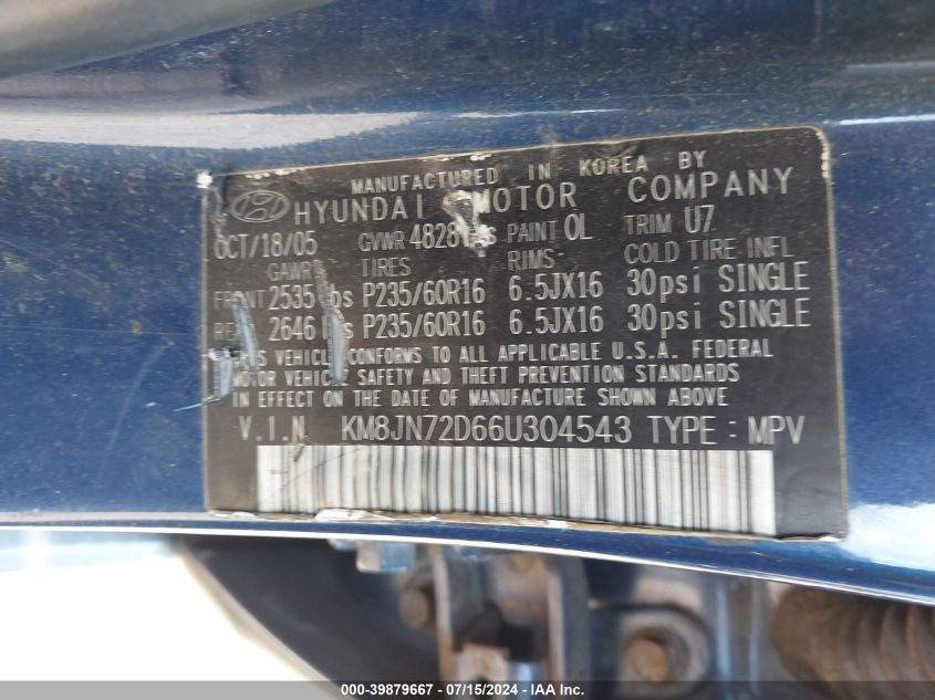 2006 Hyundai Tucson Gls/Limited VIN: KM8JN72D66U304543 Lot: 39879667