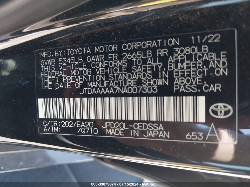 JTDAAAAA7NA007303 2022 Toyota Mirai Xle