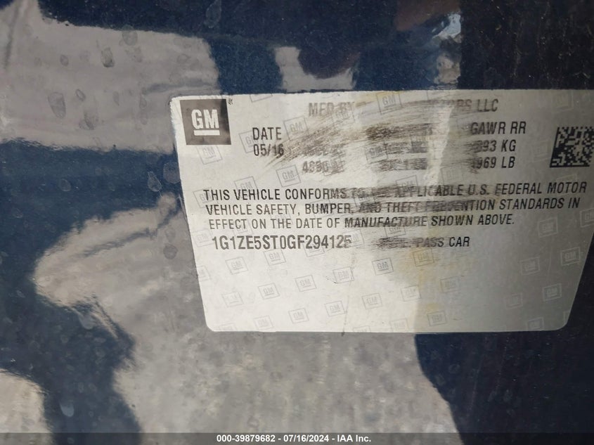 2016 Chevrolet Malibu Lt VIN: 1G1ZE5ST0GF294125 Lot: 39879682