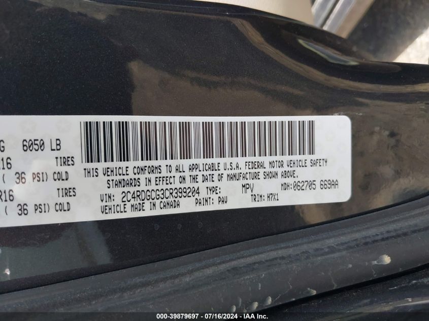 2012 Dodge Grand Caravan Sxt VIN: 2C4RDGCG3CR399204 Lot: 39879697