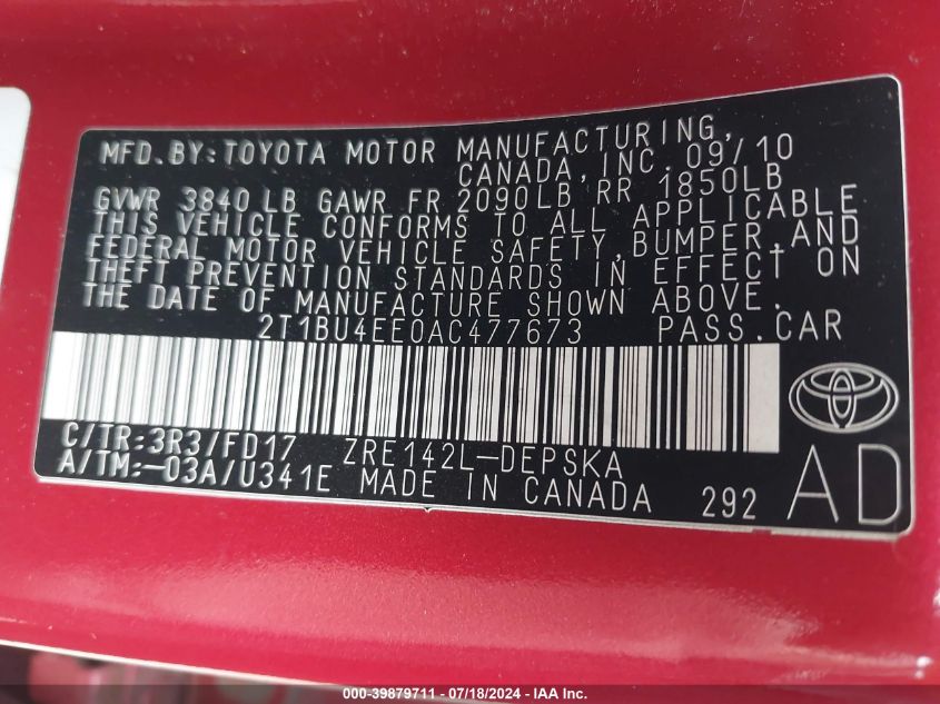 2010 Toyota Corolla S VIN: 2T1BU4EE0AC477673 Lot: 39879711