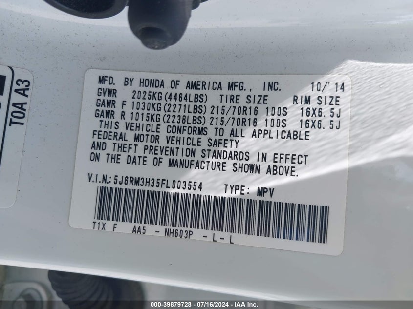 2015 Honda Cr-V Lx VIN: 5J6RM3H35FL003554 Lot: 39879728