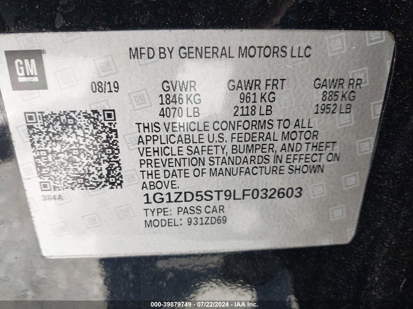 2020 Chevrolet Malibu Fwd Lt VIN: 1G1ZD5ST9LF032603 Lot: 39879749