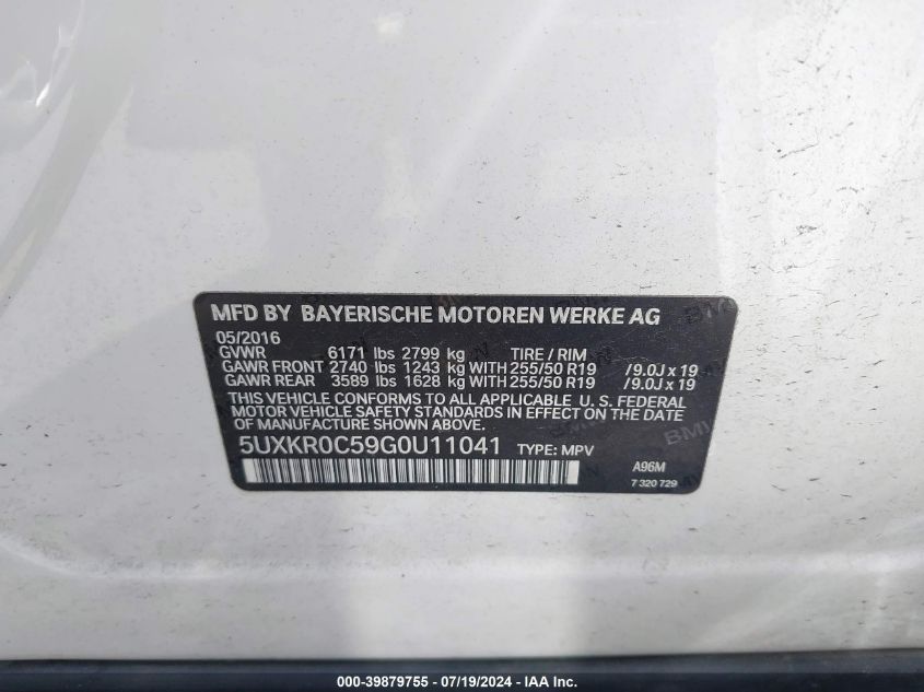 2016 BMW X5 xDrive35I VIN: 5UXKR0C59G0U11041 Lot: 39879755