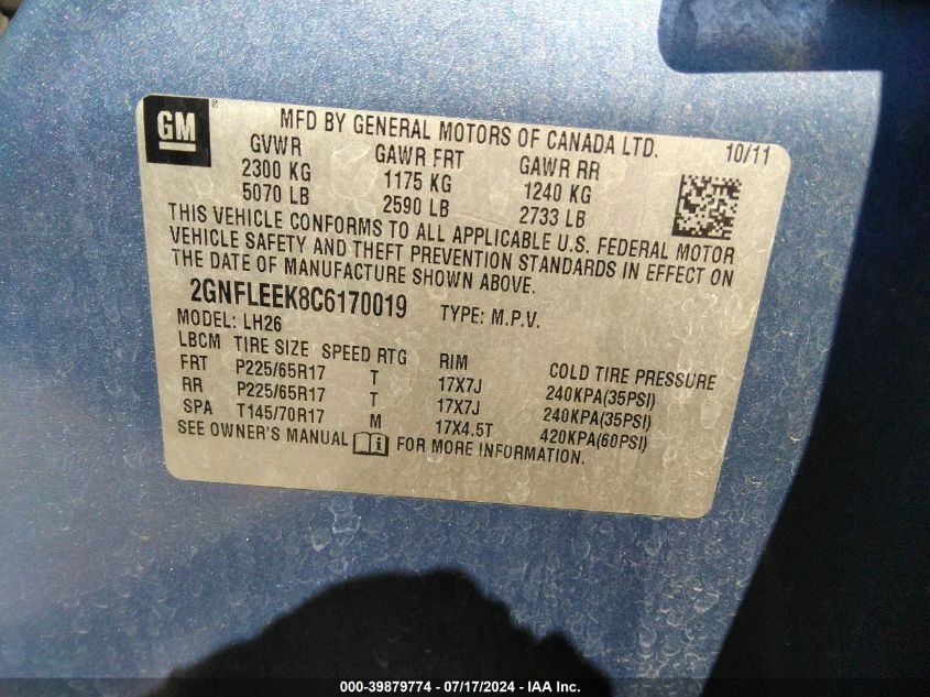 2012 Chevrolet Equinox Lt VIN: 2GNFLEEK8C6170019 Lot: 39879774