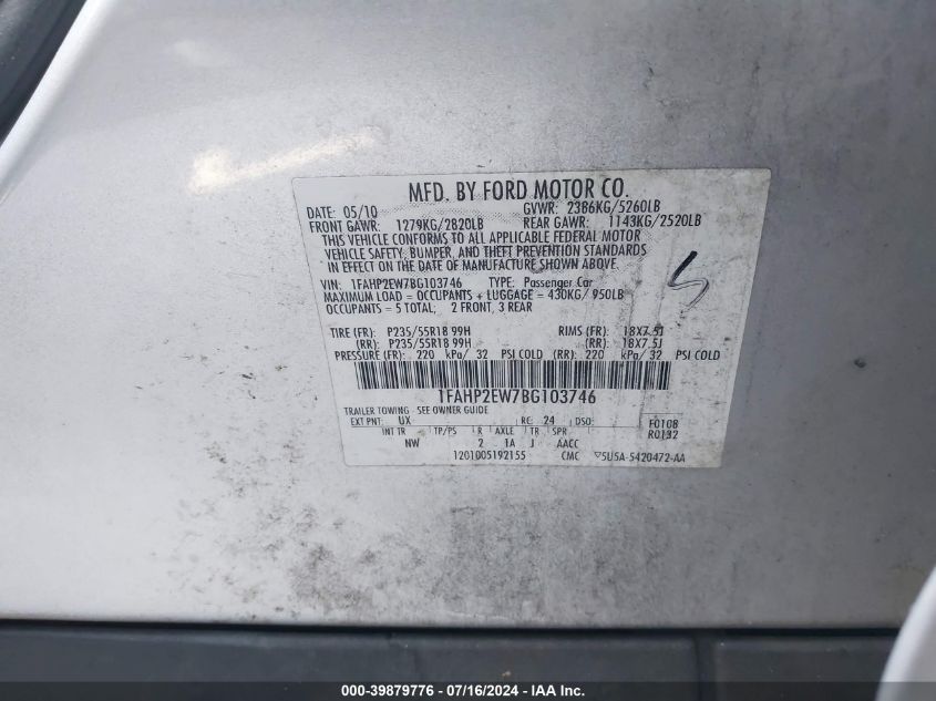 2011 Ford Taurus Sel VIN: 1FAHP2EW7BG103746 Lot: 39879776