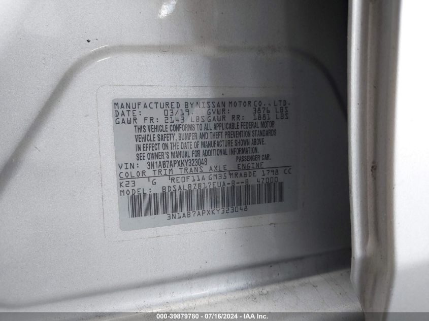 2019 Nissan Sentra S/Sv/Sr/Sl VIN: 3N1AB7APXKY323048 Lot: 39879780