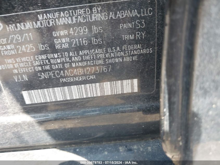 2011 Hyundai Sonata Se VIN: 5NPEC4AC4BH273767 Lot: 39879783