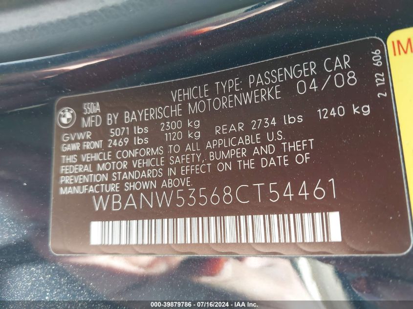 2008 BMW 550I VIN: WBANW53568CT54461 Lot: 39879786