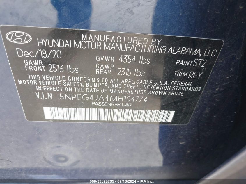 2021 Hyundai Sonata Se VIN: 5NPEG4JA4MH104774 Lot: 39879795