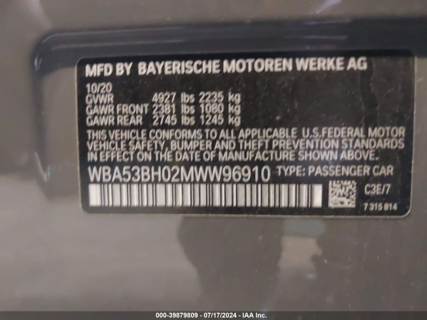 2021 BMW 530I VIN: WBA53BH02MWW96910 Lot: 39879809