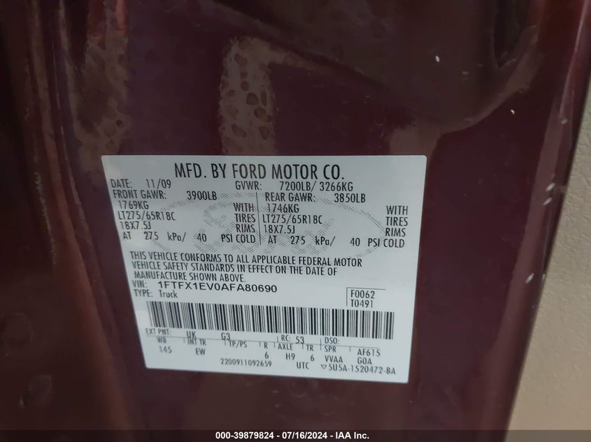 2010 Ford F-150 Lariat VIN: 1FTFX1EV0AFA80690 Lot: 39879824