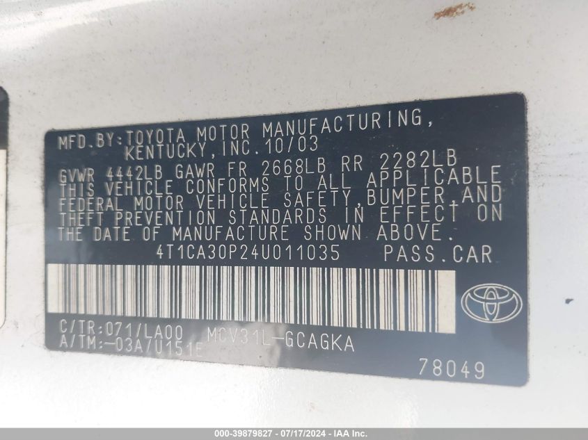 4T1CA30P24U011035 2004 Toyota Camry Solara Sle V6