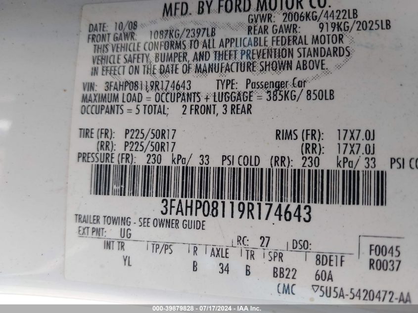 2009 Ford Fusion Sel VIN: 3FAHP08119R174643 Lot: 39879828