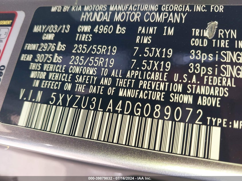 2013 Hyundai Santa Fe Sport VIN: 5XYZU3LA4DG089072 Lot: 39879832