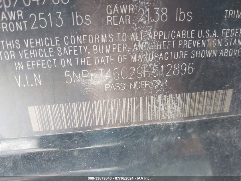 2009 Hyundai Sonata Gls VIN: 5NPET46C29H512896 Lot: 39879843