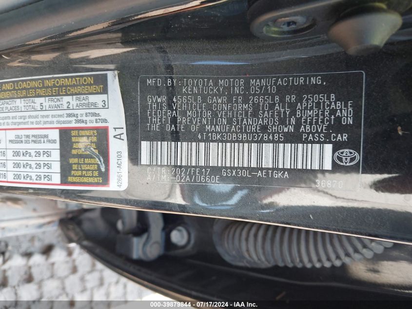 4T1BK3DB9BU378485 2011 Toyota Avalon