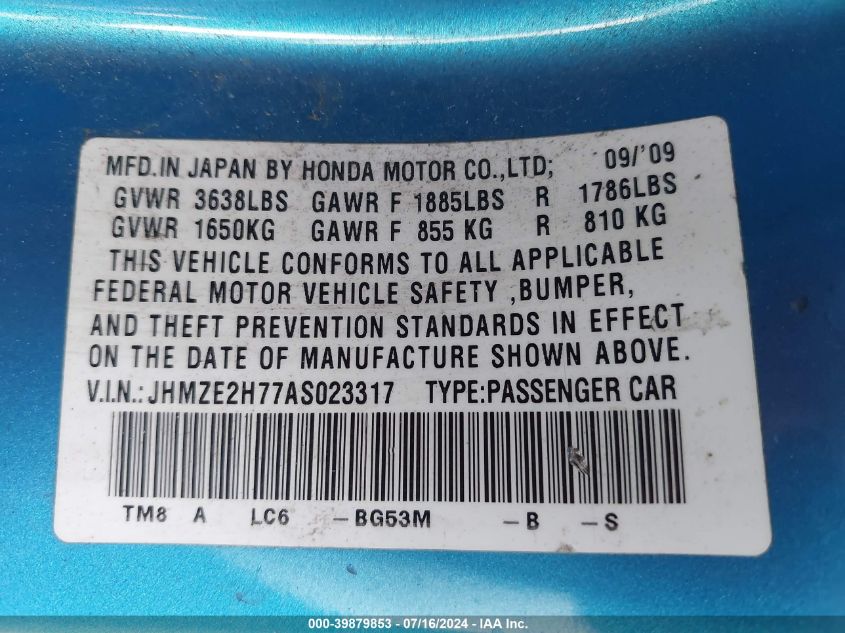 2010 Honda Insight Ex VIN: JHMZE2H77AS023317 Lot: 39879853