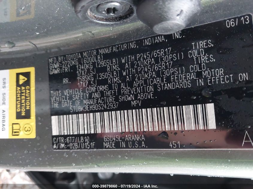 2013 Toyota Highlander Se V6 VIN: 5TDBK3EH9DS242937 Lot: 39879860