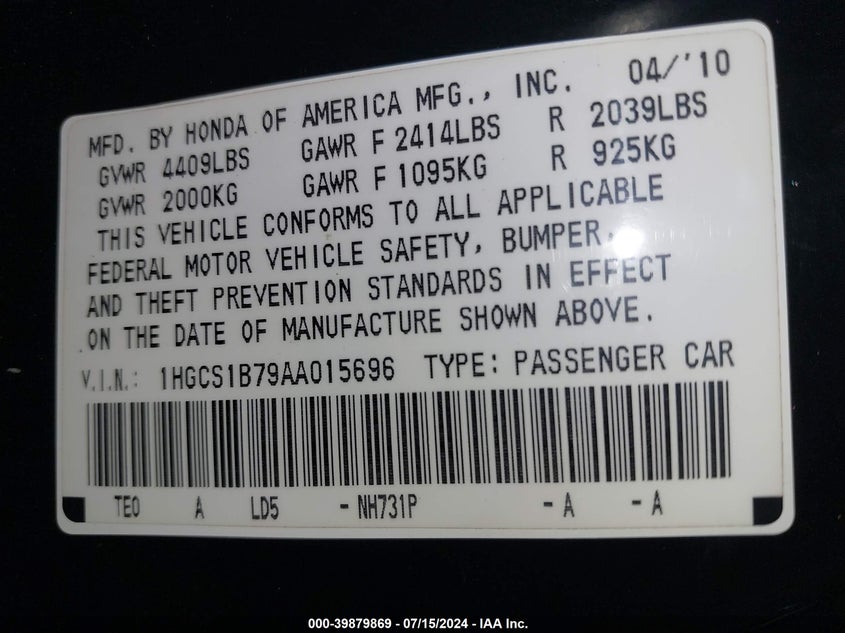 2010 Honda Accord 2.4 Ex VIN: 1HGCS1B79AA015696 Lot: 39879869