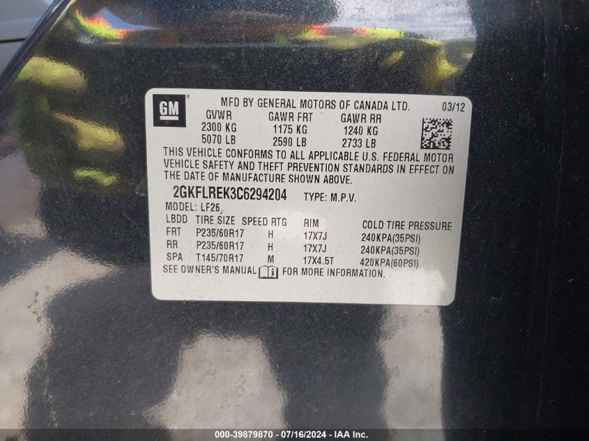 2012 GMC Terrain Sle-1 VIN: 2GKFLREK3C6294204 Lot: 39879870