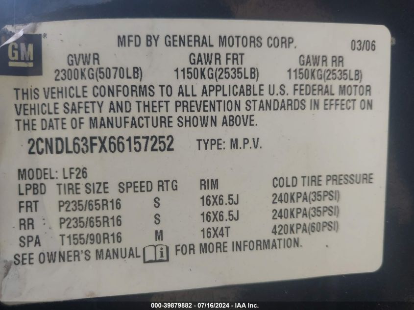 2006 Chevrolet Equinox Lt VIN: 2CNDL63FX66157252 Lot: 39879882