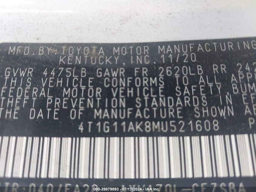 2021 Toyota Camry Se VIN: 4T1G11AK8MU521608 Lot: 39879893