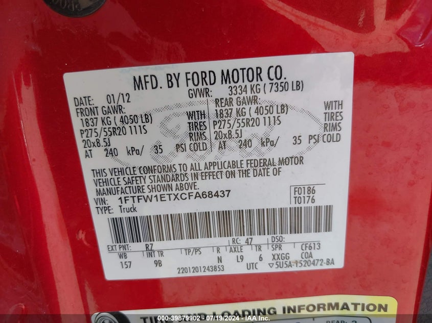 2012 Ford F-150 Platinum VIN: 1FTFW1ETXCFA68437 Lot: 39879902