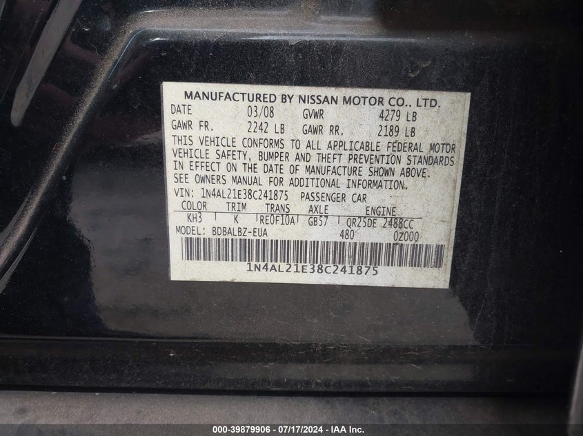 2008 Nissan Altima 2.5/2.5S VIN: 1N4AL21E38C241875 Lot: 39879906