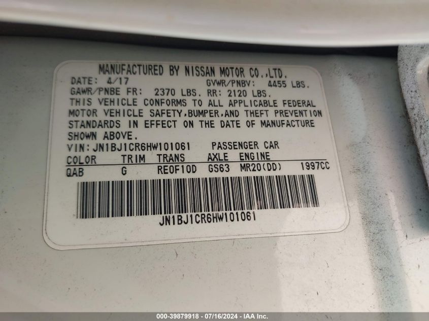 2017 Nissan Rogue Sport S/Sv/Sl VIN: JN1BJ1CR6HW101061 Lot: 39879918