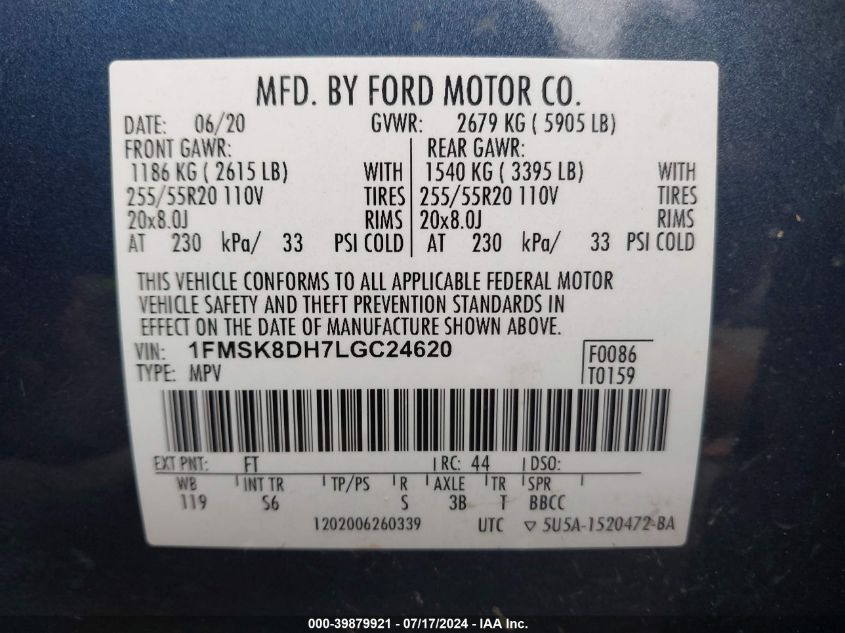 2020 Ford Explorer Xlt VIN: 1FMSK8DH7LGC24620 Lot: 39879921