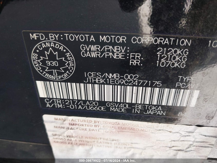 2012 Lexus Es 350 VIN: JTHBK1EG9C2477175 Lot: 39879922