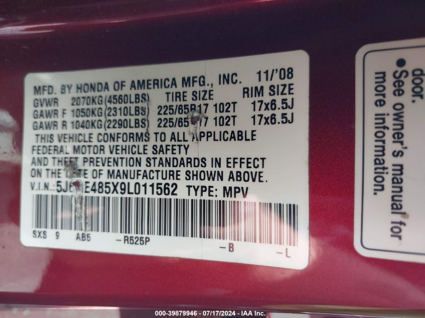 2009 Honda Cr-V Ex VIN: 5J6RE485X9L011562 Lot: 39879946