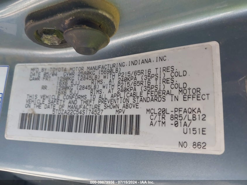 2004 Toyota Sienna Xle VIN: 5TDZA22C54S174527 Lot: 39879956