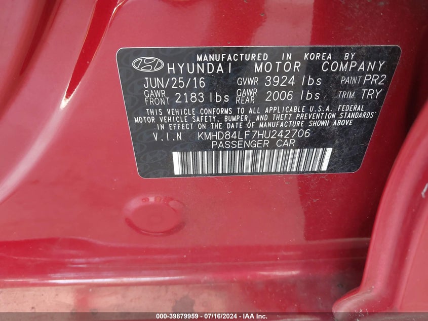 VIN KMHD84LF7HU242706 2017 HYUNDAI ELANTRA SE/VALUE/LIMITED