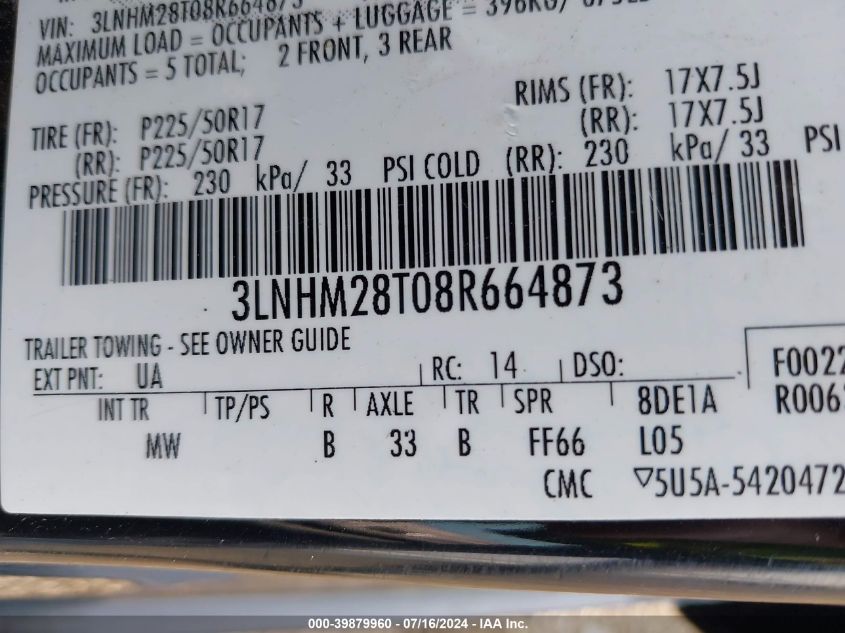 2008 Lincoln Mkz VIN: 3LNHM28T08R664873 Lot: 39879960