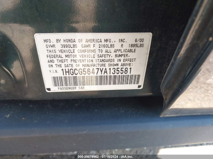 2000 Honda Accord 2.3 Lx VIN: 1HGCG5647YA135581 Lot: 39879962